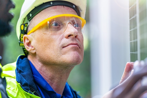 Fabrikarbeiter Techniker Ingenieur Mann zeigt und prüft Solarzellen-Panel