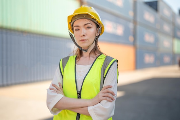 Fabrikarbeiterin steht selbstbewusst mit grünem Arbeitsanzug für Sicherheitskleidung