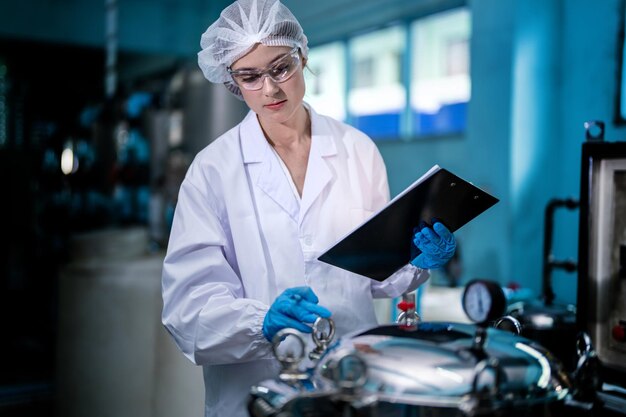 Foto fabrikarbeiterin überprüft wasserflaschen im lagerhaus der industriefabrik