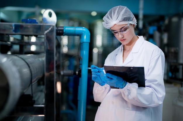 Foto fabrikarbeiterin überprüft wasserflaschen im lagerhaus der industriefabrik