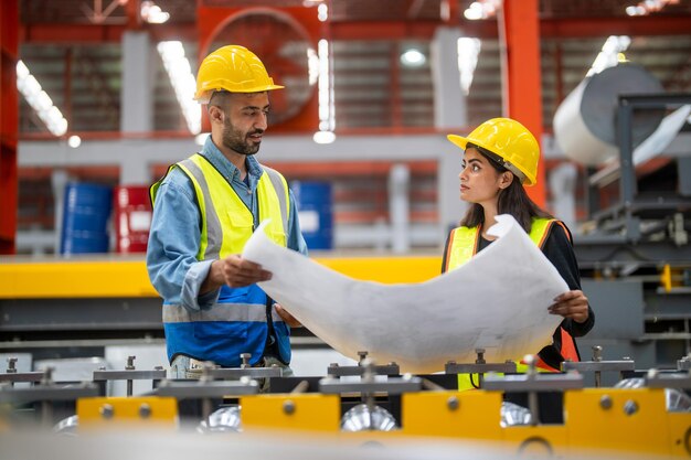 Fabrikarbeiterin und ihr Vorgesetzter studieren die Blaupause und teilen sich Ideen, während sie in der Produktionsabteilung stehen. Beide tragen Hardhats.