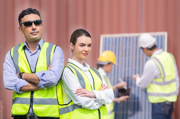 Fabrikingenieur Mann und Frau stehen Vertrauen und halten Solarzellenpanel für erneuerbare Energietechnik. Arbeiter überprüfen Solarzellenpanel für den Bau erneuerbarer Energien.