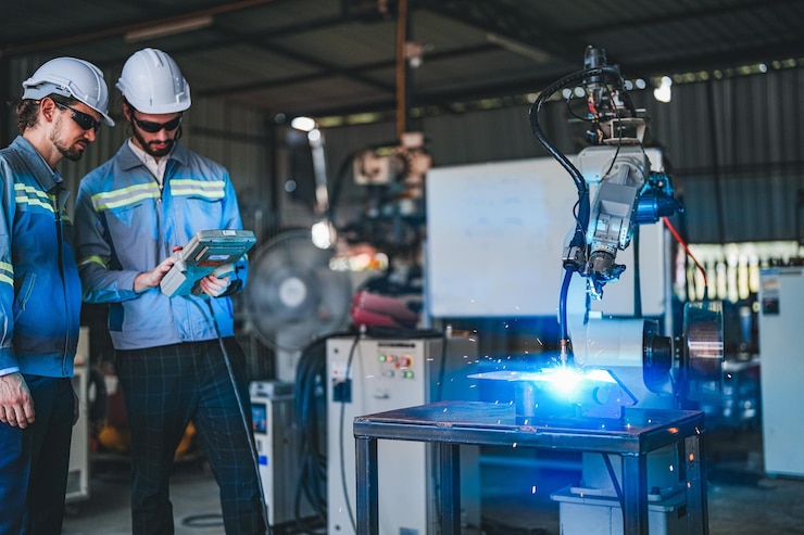Foto fabrikingenieure bedienen mit einer intelligenten steuerung die armrobotermaschine zum schneiden des blechblechs