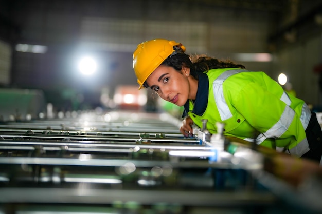 Fabrikingenieurin Brasilianerin überprüft und repariert Maschinen in einer Schwerlastfabrik. Arbeiter arbeitet an Schwermaschinen in einer Industriefabrik mit Maschinenausrüstung und Anlagentechnik