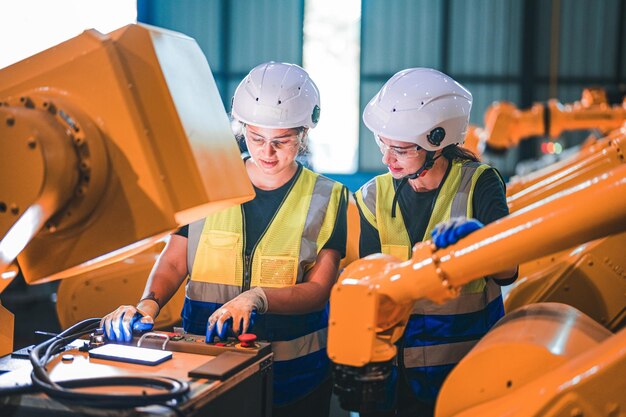 Foto fabrikingenieurin inspiziert eine maschine mit einem smart-tablet arbeiter arbeitet an einem robotarm der maschine