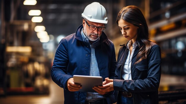 Foto fabrikleiter oder geschäftsführer mit assistent besuchen die fabrik und inspizieren schwere stahl-industriemaschinen, zeigen führungsqualität als inspektionsleiter, ingenieur, panorama, beispiel