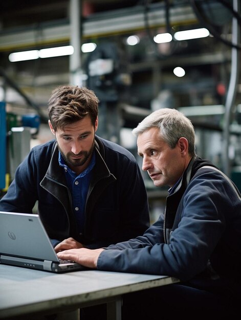 Foto fabrikmitarbeiter diskutieren über einen computer