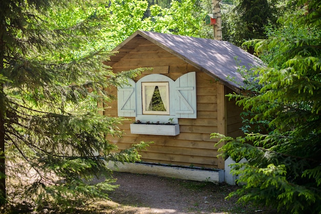 Fabulosa casita de madera en un bosque soleado Cabaña de cuento de hadas