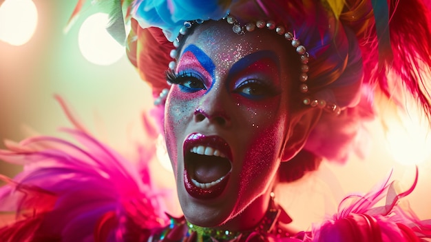 Foto una fabulosa drag queen en su apogeo que irradia una energía viva con su estilo extravagante y expresivo su maquillaje está meticulosamente hecho acentuando su personalidad más grande que la vida ella d