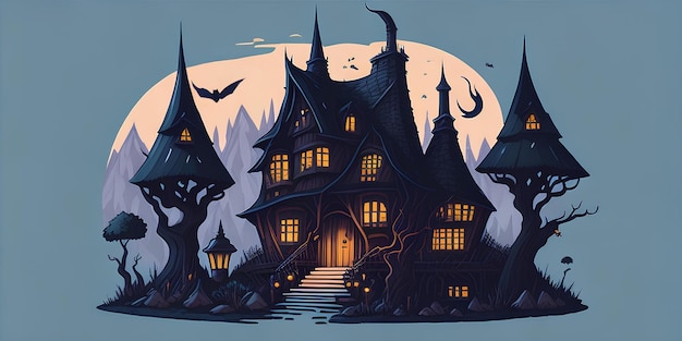 Una fabulosa gran casa de madera en un bosque mágico motivo de Halloween y fantasía en un fondo azul claro ilustración de fantasía generación Ai