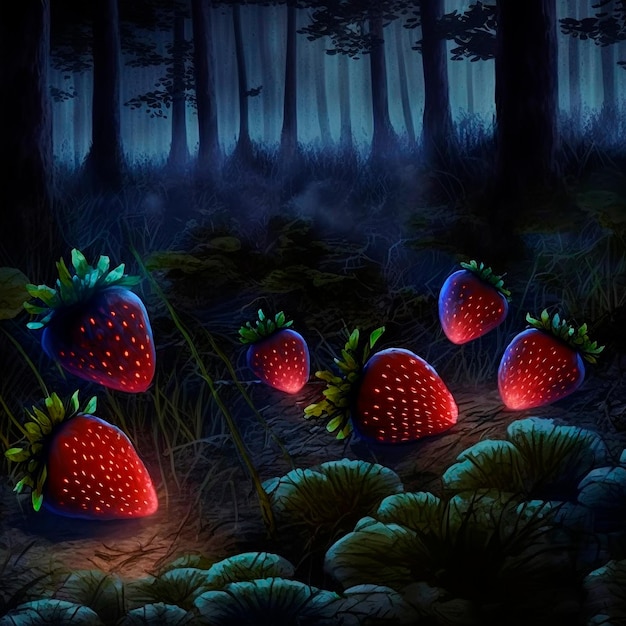 Fabulosa ilustración de fresas en el bosque.