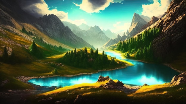 Fabulosa paisagem do rio nas montanhas luz do sol quente Panorama de picos de montanha córregos de água de lagos de montanha ilustração 3d