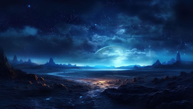 Fabulosa vista al lago en la nebulosa nocturna