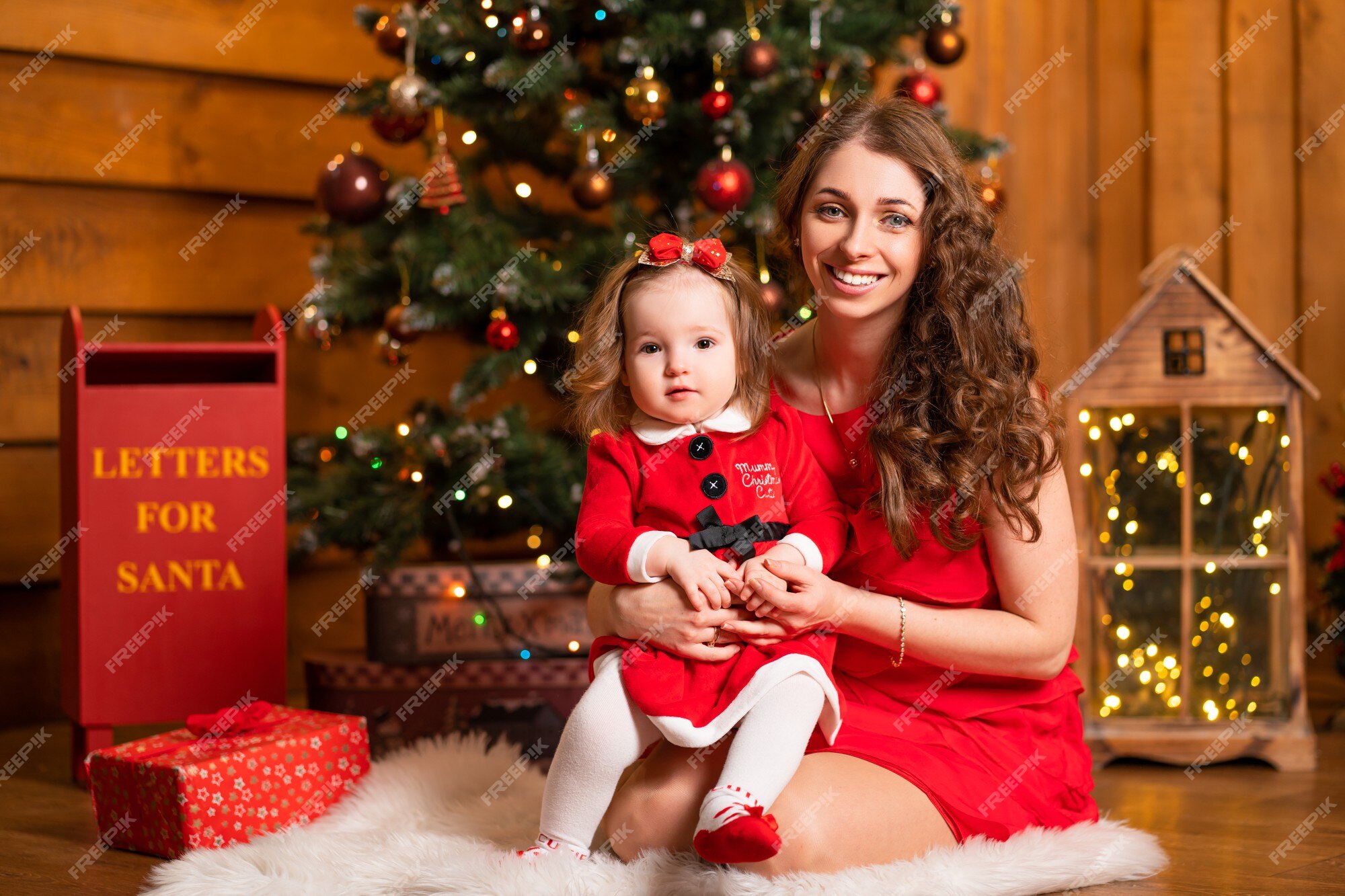 Fabulosas vacaciones de navidad, mamá e hija en vestidos rojos decoran el árbol de navidad Foto Premium