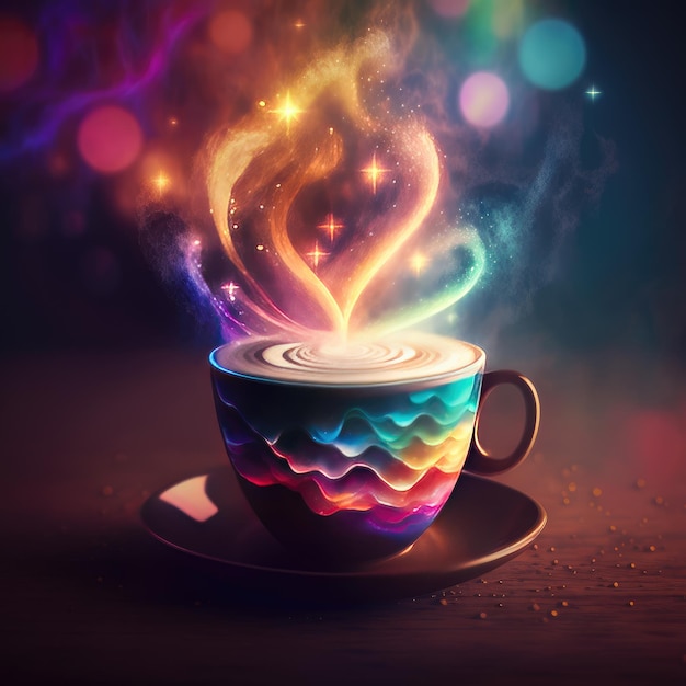 Fabuloso café com leite colorido com luzes de neon e belo vapor generative ai