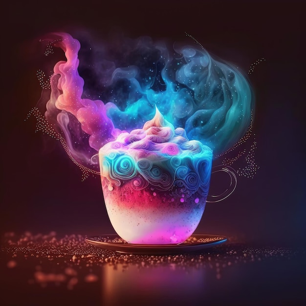 Fabuloso café con leche colorido con luces de neón y hermoso vapor IA generativa