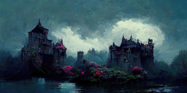 Fabuloso castelo gótico cercado por flores um castelo à beira do rio à noite crepúsculo ilustração 3d