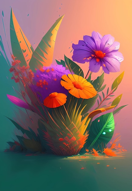 Fabuloso desenho de flores coloridas com folhas tropicais generative ai