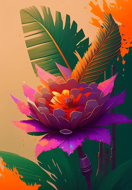 Fabuloso dibujo de flores de colores con hojas tropicales ai generativo