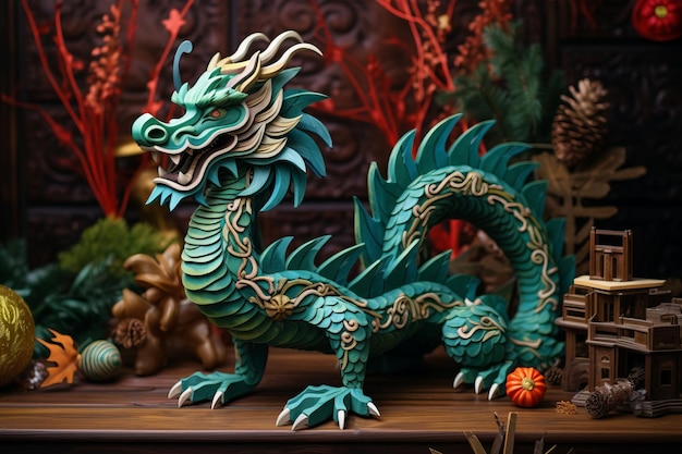 El fabuloso dragón de madera verde es el símbolo del año nuevo de 2024 Un lindo dragón verde de dibujos animados está sentado junto a un árbol de Navidad con regalos colorida brillante tarjeta de Navidad elegante