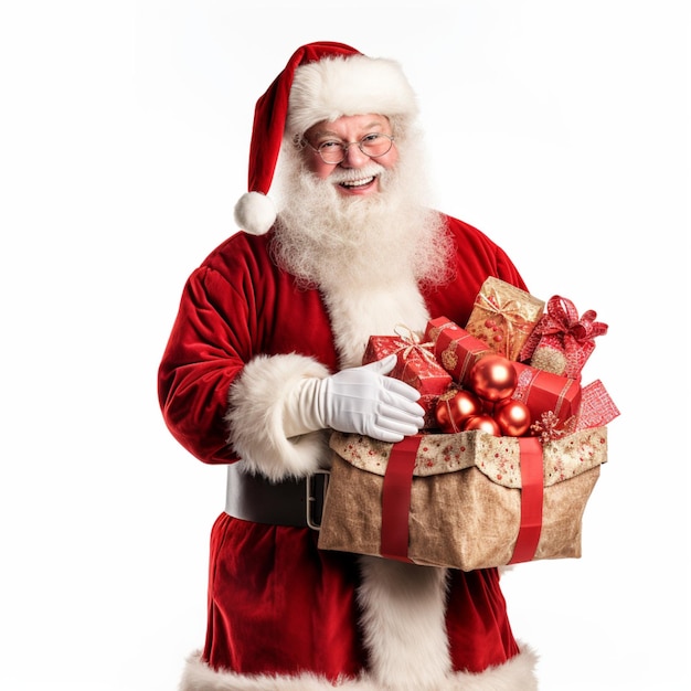 Fabuloso Pai Natal com um saco cheio de presentes de Natal em fundo branco