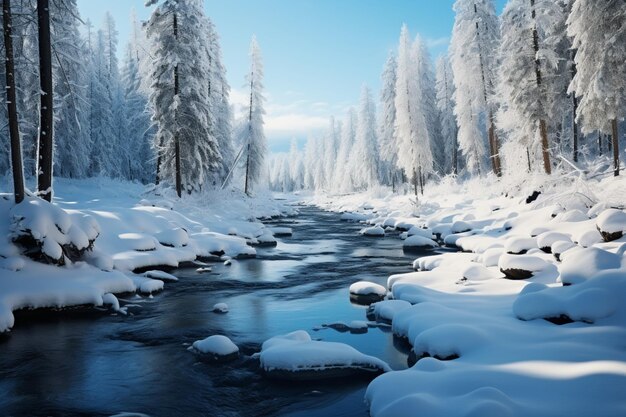 Fabuloso paisaje de invierno un sereno río congelado rodeado de bosque de coníferas