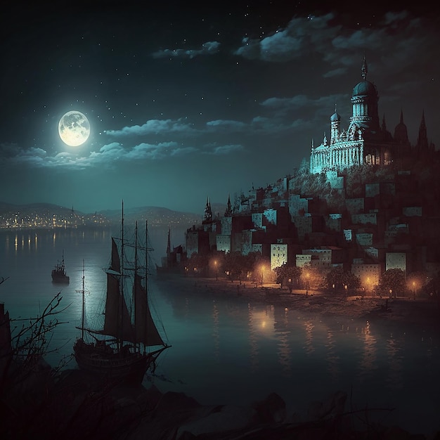 Fabuloso paisaje nocturno de la antigua ciudad luna nocturna un viejo barco navega a lo largo del río