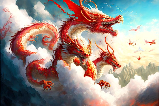 Fabulosos dragones rojos chinos vuelan entre nubes blancas