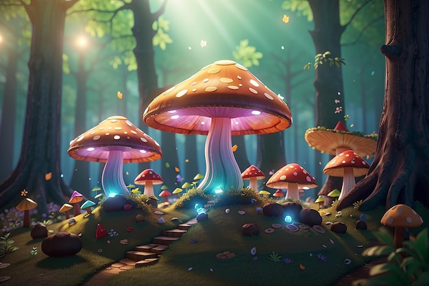 Fabulosos hongos grandes en un bosque mágico Hongos de fantasía renderizado en 3D Ilustración rasterizada