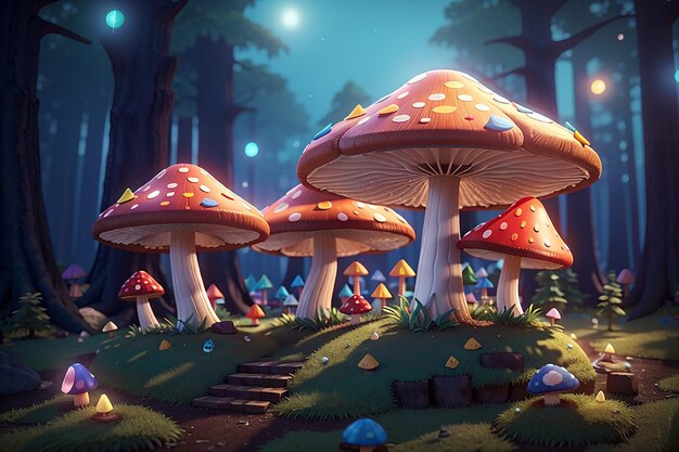 Fabulosos hongos grandes en un bosque mágico Hongos de fantasía renderizado en 3D Ilustración rasterizada