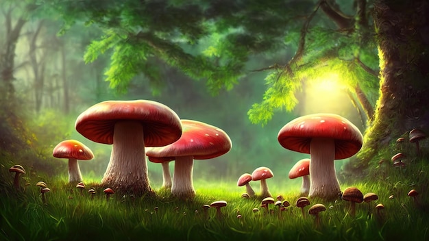 Fabulosos hongos grandes en un bosque mágico Ilustración de hongos fantásticos para la portada del libro Increíble paisaje de la naturaleza Ilustración 3d