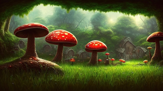 Fabulosos hongos grandes en un bosque mágico Ilustración de hongos fantásticos para la portada del libro Increíble paisaje de la naturaleza Ilustración 3d