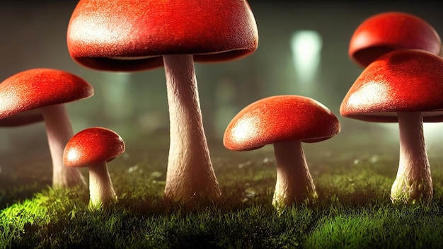 Fabulosos hongos grandes en un bosque mágico Ilustración de hongos fantásticos para la portada del libro Increíble paisaje de la naturaleza Ilustración 3d