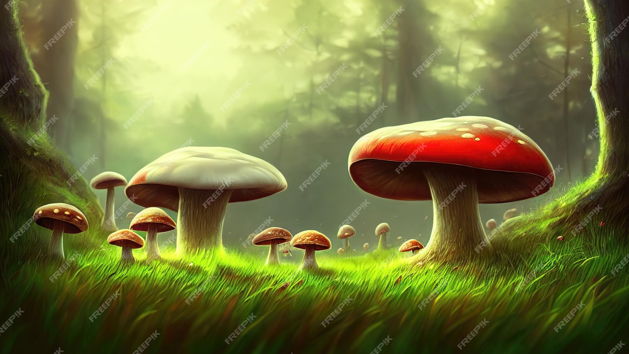 Fabulosos hongos grandes en un bosque mágico ilustración de hongos  fantásticos para la portada del libro increíble paisaje de la naturaleza  ilustración 3d | Foto Premium