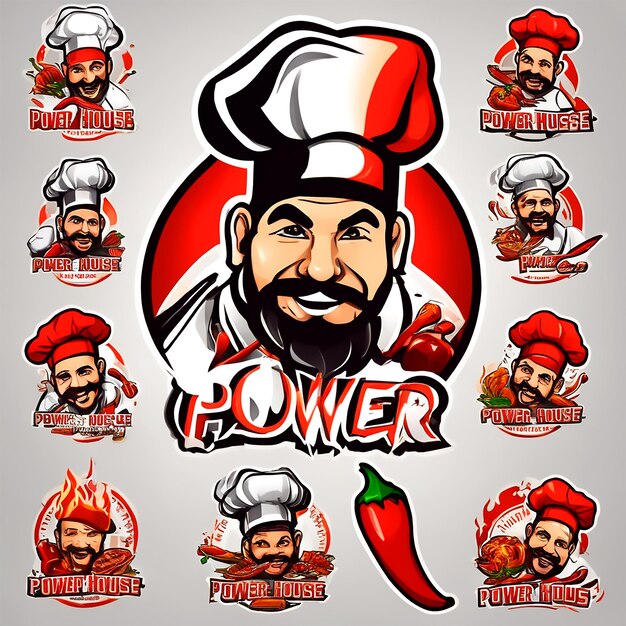 Faça um logotipo da Power House e o conceito é Chef Cap e Hot Fire Chili Power picante fundo branco