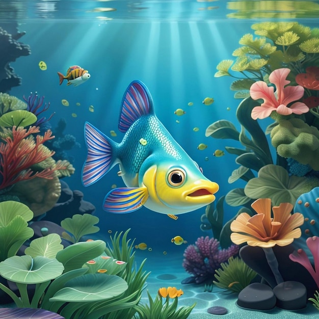 Faça um peixe realista colorido nadando graciosamente no tranquilo jardim subaquático foto realista