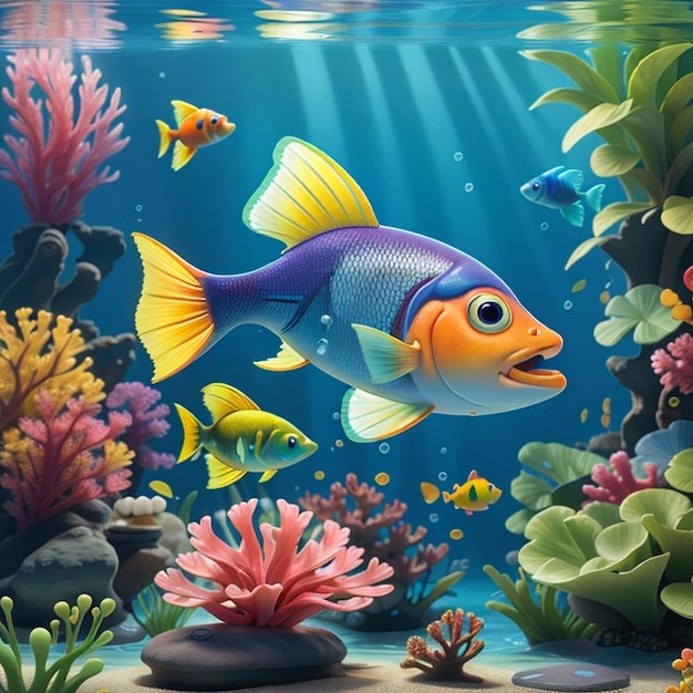 Faça um peixe realista colorido nadando graciosamente no tranquilo jardim subaquático foto realista