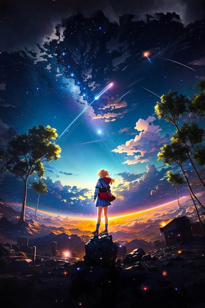 faça uma imagem de um mundo estilo anime com um cometa e estrelas cadentes no céu