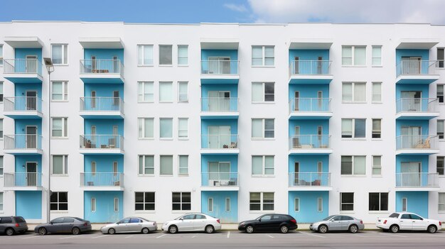 Facada contemporánea del complejo de apartamentos con balcones