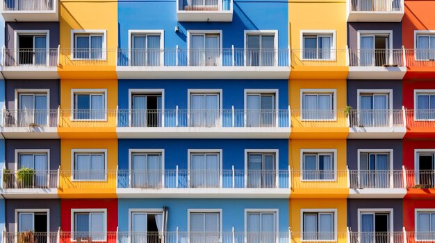 Foto facada de edifício residencial colorido com varandas