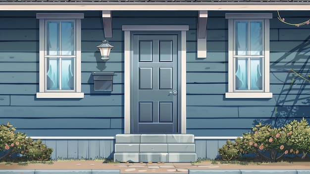 Foto façanha detalhada de uma casa com porta da frente cinzenta, parede de revestimento de janela e degraus, fundo realista moderno com varandas modernas na frente do edifício