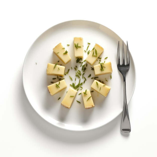Foto facas de queijo prato sueco no prato em fundo branco diretamente acima da vista