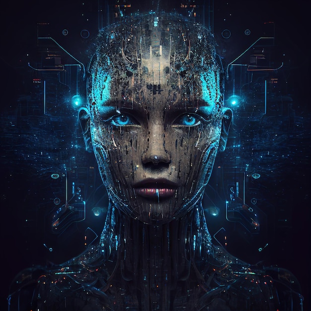 Face cibernética humanóide digital abstrata Conceito de IA artificial IA generativa