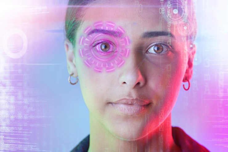 Foto face e olho de segurança cibernética de mulher com senha biométrica na sobreposição do metaverso e tecnologia futurista segurança digital e jovem online para reconhecimento ou verificação facial