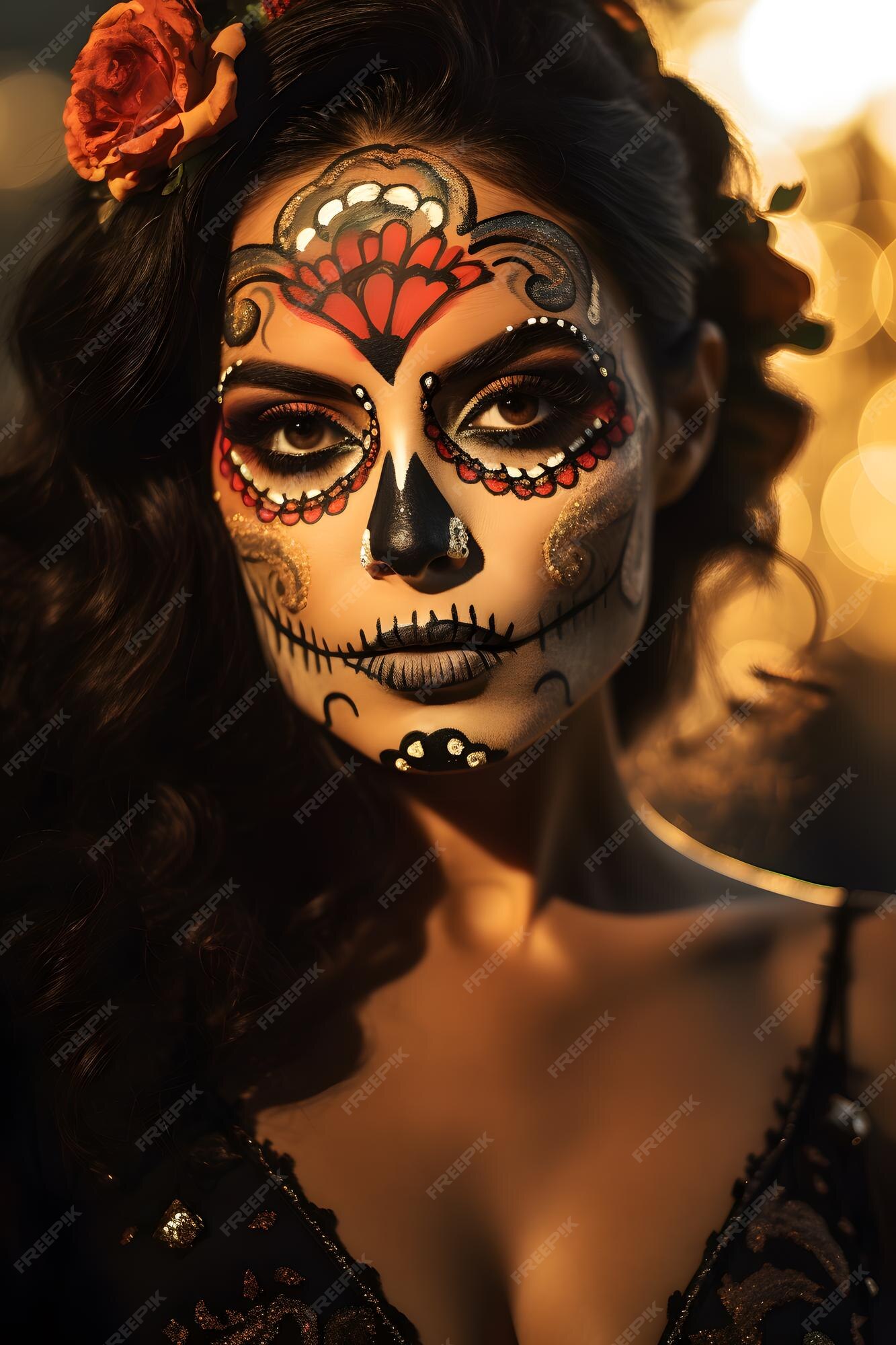 Mulher bonita com maquiagem de caveiras mexicanas no rosto e vestida para o  Dia dos Mortos no México [download] - Designi