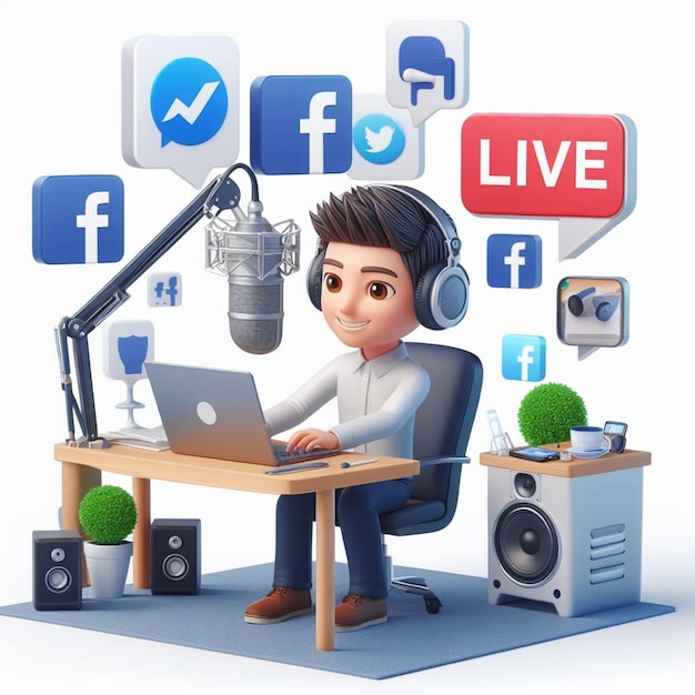 Facebook Live Brilliance Homem 3D transmitindo podcast em um cativante ambiente de estúdio branco