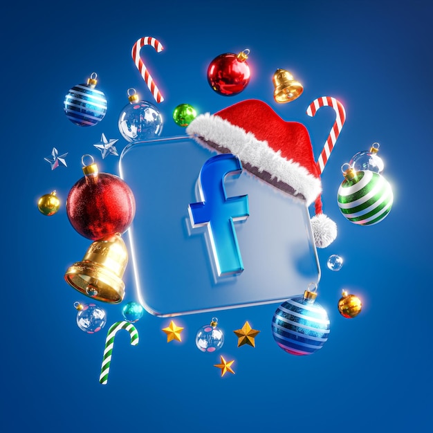 Facebook-Logo Glasquadrat Christbaumkugel Dunkelblauer Hintergrund 3D-Render