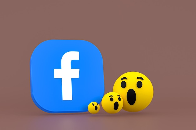 Facebook reacciones emoji 3d render, símbolo de globo de redes sociales con patrón de iconos de facebook