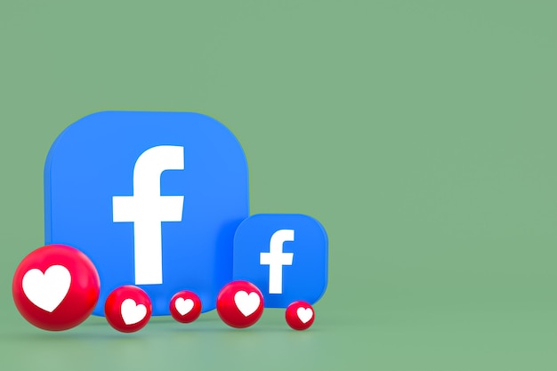 Facebook-Reaktionen Emoji 3D-Rendering, Social-Media-Ballonsymbol mit Facebook-Icons-Muster