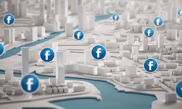 Facebook-symbol über luftaufnahme von stadtgebäuden 3d-rendering